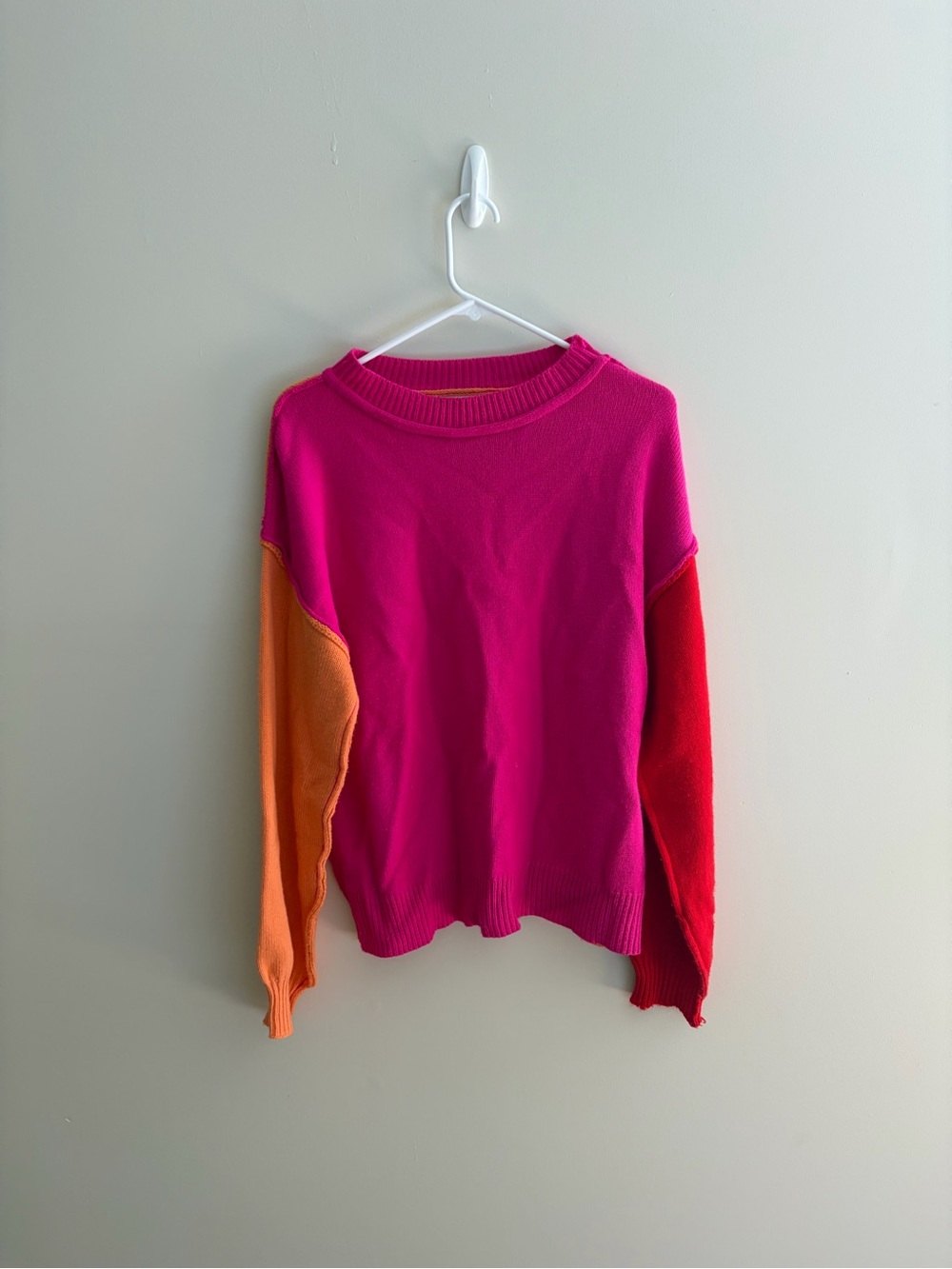Colorblock Crewneck Sweater in Hot Pink with Orange & Red Sleeves